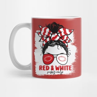 Red and White Vibes Only Football Mom Messy Hair Gameday Mug